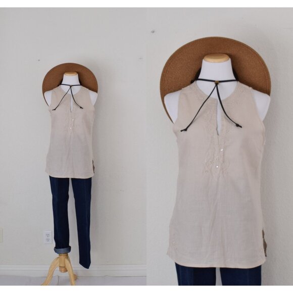 D&M Tops - Vintage Linen/Cotton Embroidered Tunic Blouse